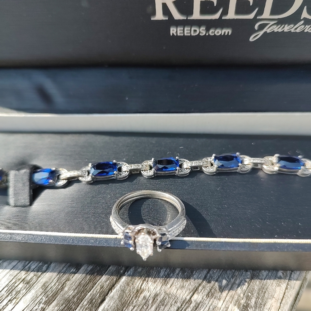 3/8K WG M Sapphire & Diamond Wedding Set And Sapphire Bracelet Size 6